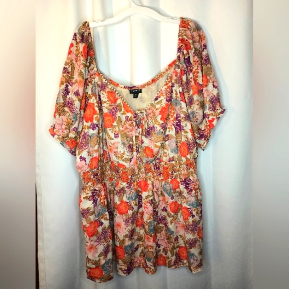 Torrid Milkmaid Top 3X Smocked Puff Sleeve Embroidered Cottage Peasant Boho - Picture 2 of 15